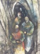 ATTRIB. TONY BARTL ( CZECH 1912-1998) ARR- THREE MONKS- WATERCOLOUR. UNSIGNED. 35 X 51 cm