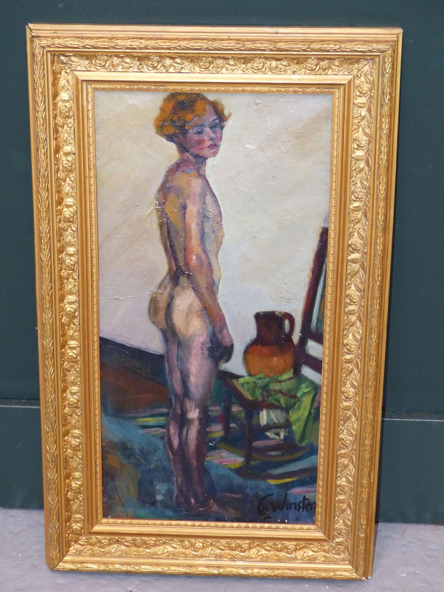 CLAIR WINSTEN (1892-1989) ARR. STANDING NUDE WITH CHAIR AND WATER JUG. OIL ON CANVAS. 24 X 49.5 cm. - Image 4 of 6