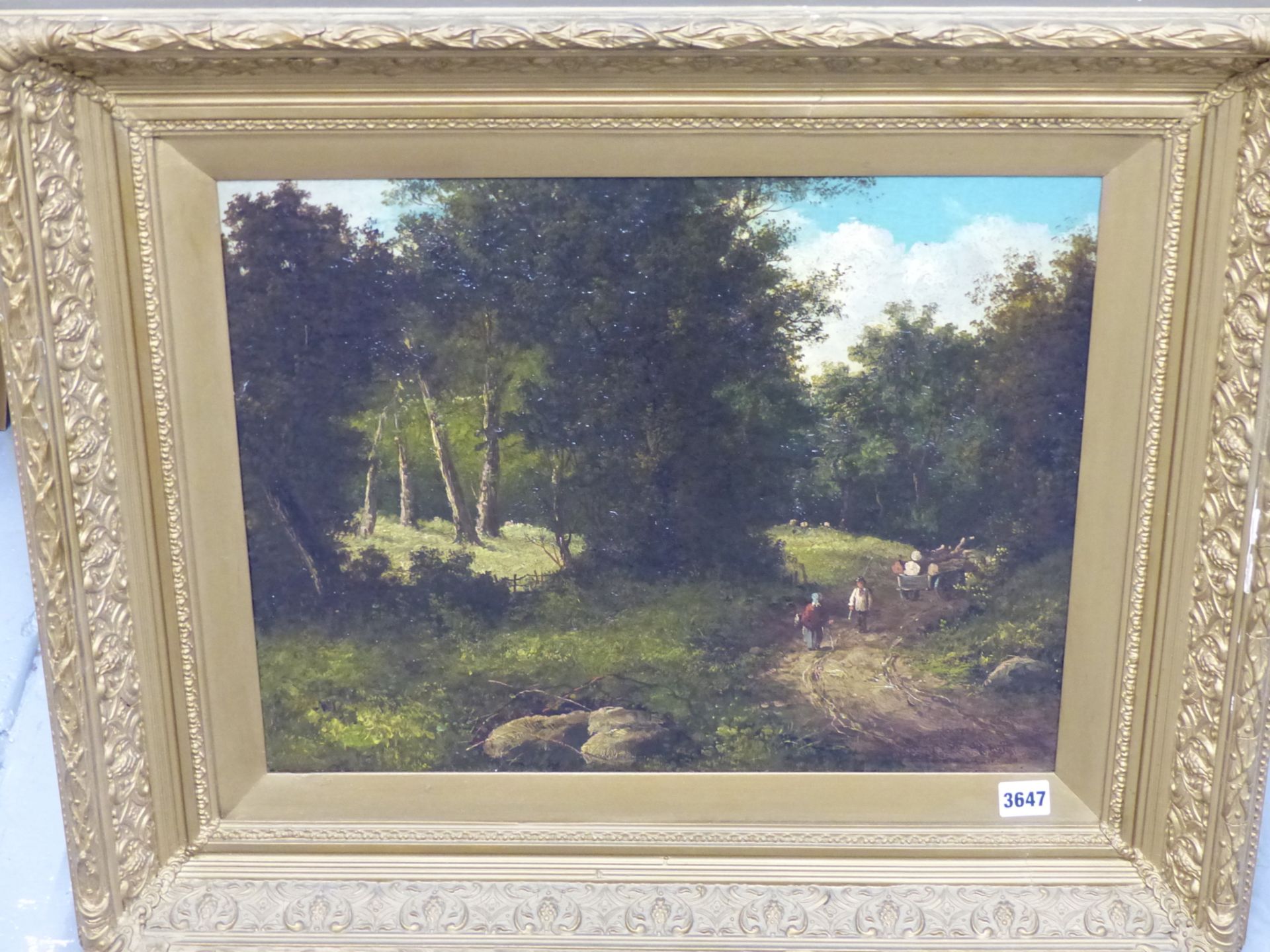 19TH CENTURY ENGLISH SCHOOL, FIGURES ON A WOODLAND TRACK, OIL ON CANVAS. 49 X 39 cm. - Image 3 of 5