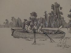 NICHOLAS GARLAND (B.1935) ARR. FOUR BOYS IN A ROW BOAT, PEN AND INK CARTOON. SIGNED LOWER RIGHT. 29
