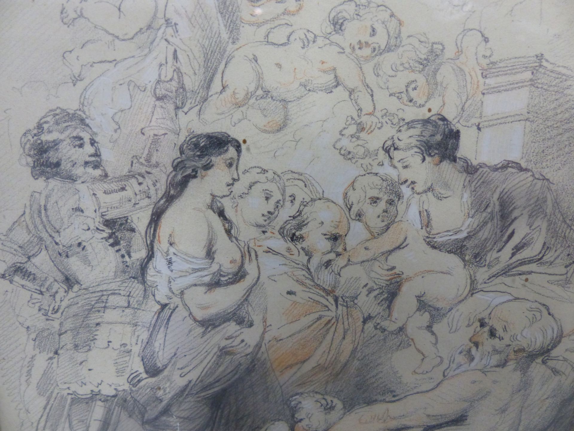 18TH CENTURY SCHOOL. A CLASSICAL FIGURE GROUP STUDY WITH CHERUBS, PENCIL AND RED CHALK. 10 X 14 cm - Image 4 of 6