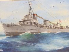 S. STOTT.(PROBABLY WILLIAM R.S.STOTT) HMS CAMPBELL, WATERCOLOUR, SIGNED LOWER LEFT AND DATED 1943,