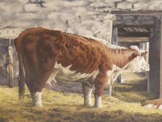 ALLEN. (20TH CENTURY) "TWELVE HOURS OLD" COW AND CALF IN A STALL. SIGNED AND TITLED VERSO.32 X 23