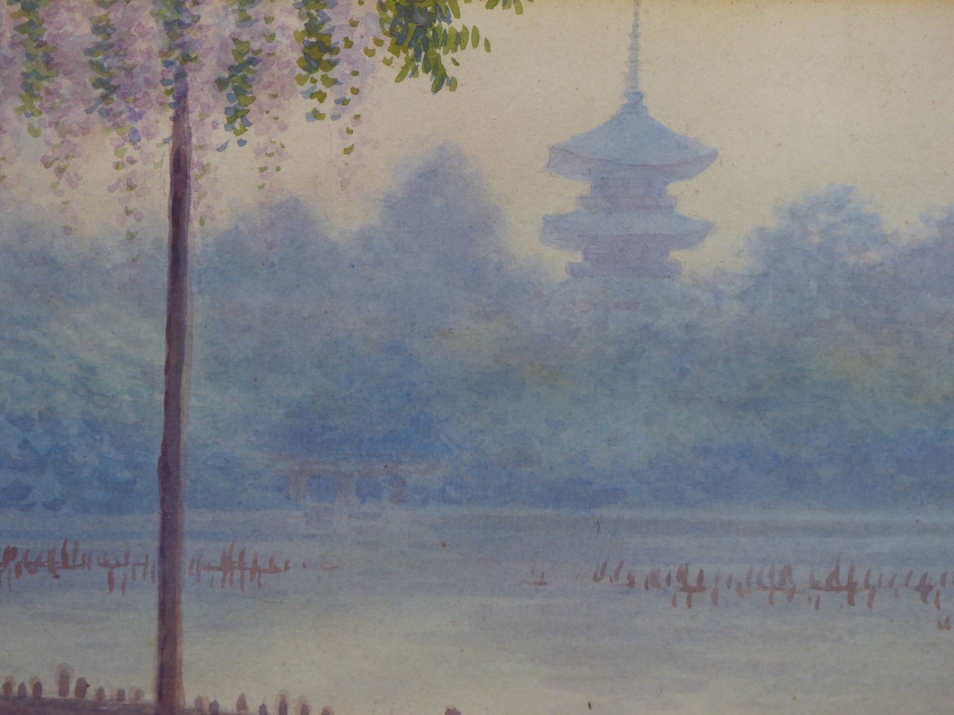 Y. MATSUMOTO. (JAPANESE 20TH CENTURY), LAKESIDE TEMPLES- A PAIR OF WATERCOLOURS, SIGNED. 32 X 15 cm - Image 4 of 7