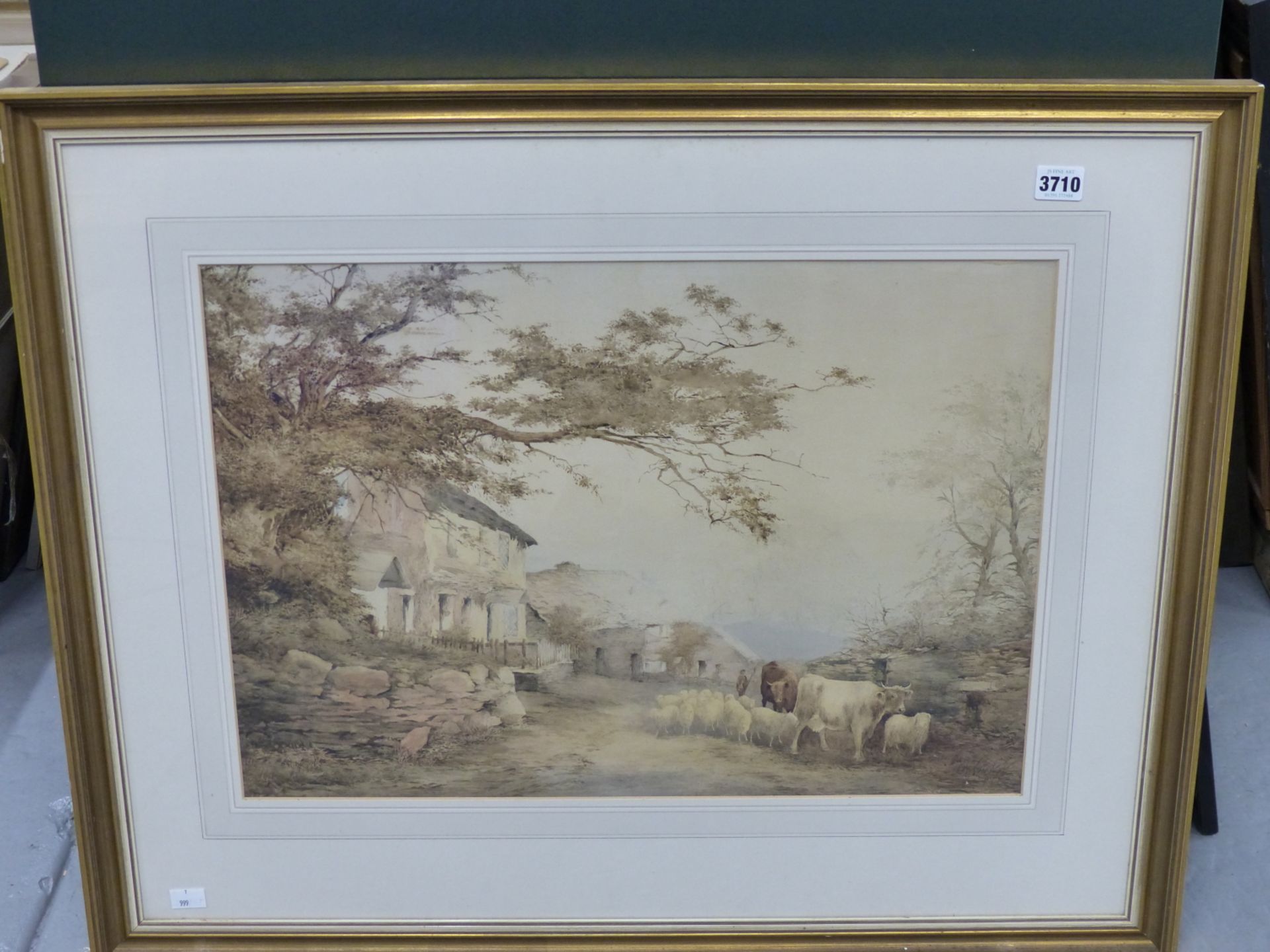 T. KET. ( 19TH CENTURY) FARMYARD WITH CATTLE AND SHEEP. WATERCOLOUR. SIGNED INDISTINCTLY L/R. 56.5 X - Image 2 of 8