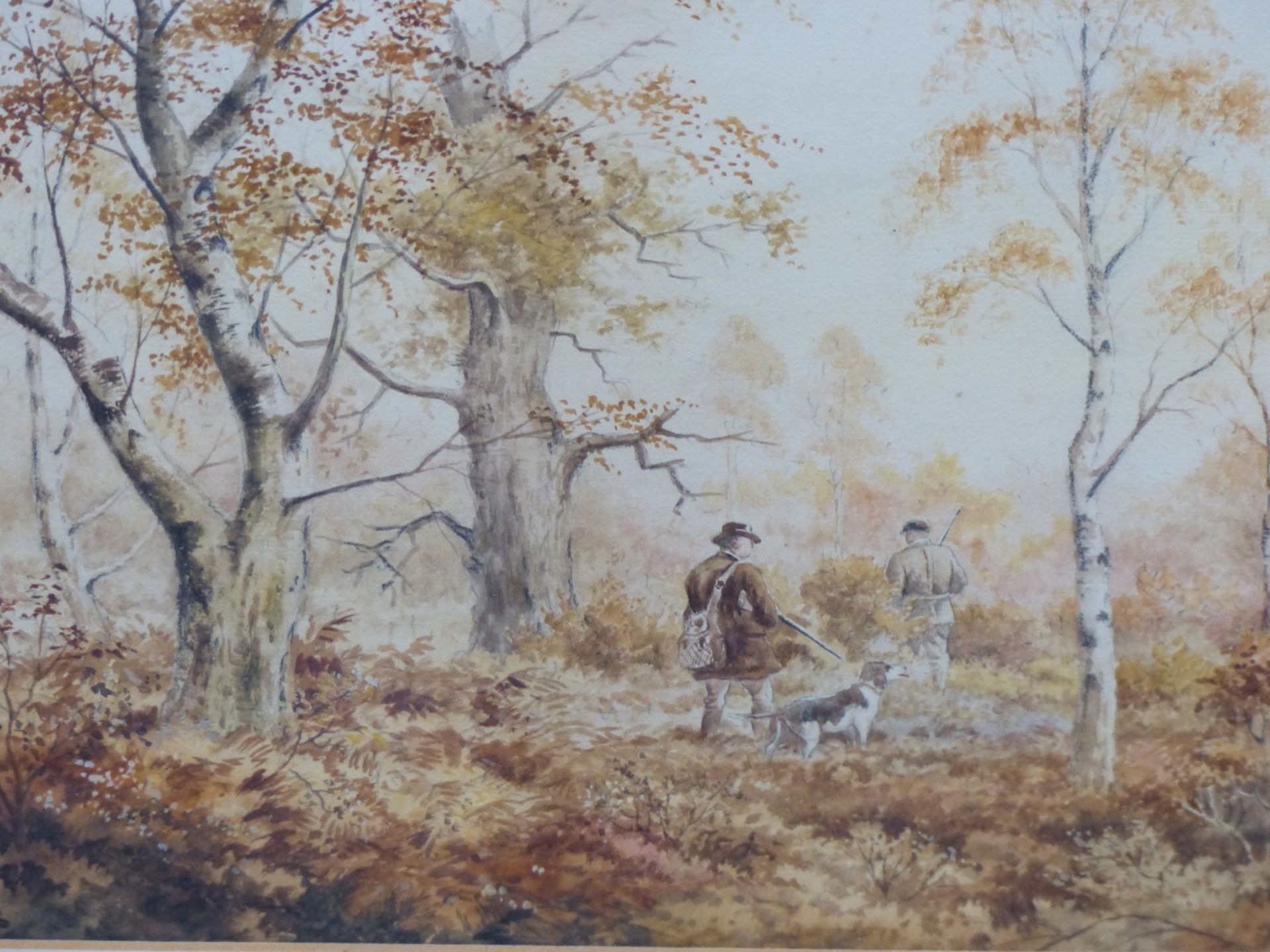 J. HALFORD ROSS. (19TH CENTURY) SPORTSMEN AND DOGS IN WOODLAND, WATERCOLOUR..37 X 25 cm.