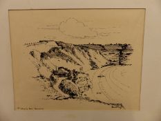 HERBERT RUSSELL. (20TH C.) ST MARYS BAY BRIXHAM. PEN AND INK DRAWING 22 X 18 cm AND ANOTHER WORK