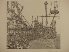HANS GEORG RAUCH (1939-1993) ARR. SKELETAL SAILING VESSELS, ETCHING. PENCIL SIGNED LIMITED EDITION