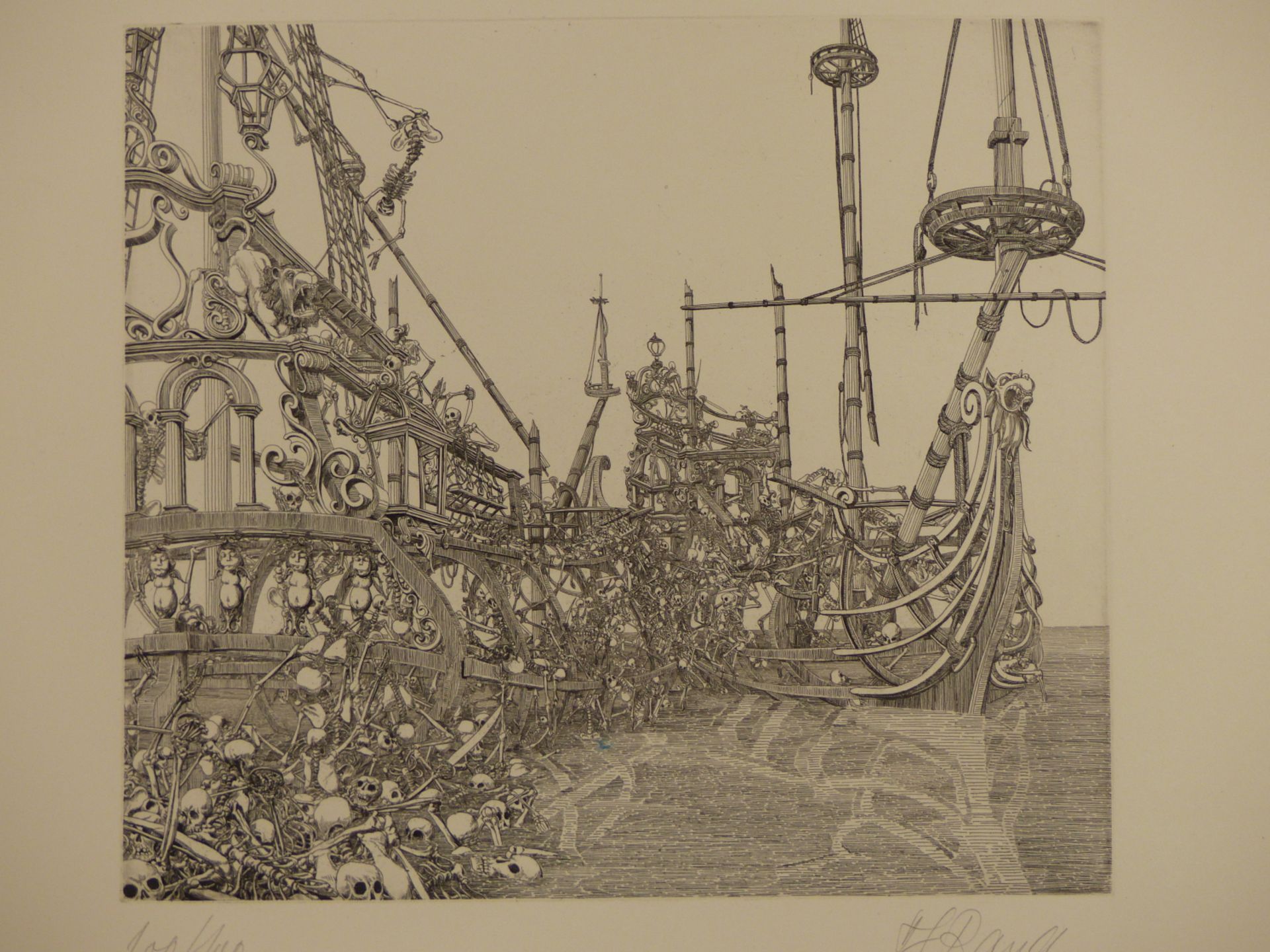 HANS GEORG RAUCH (1939-1993) ARR. SKELETAL SAILING VESSELS, ETCHING. PENCIL SIGNED LIMITED EDITION