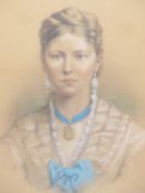 19TH CENTURY ENGLISH SCHOOL, PORTRAIT OF A LADY WITH FINE JEWELLERY, PASTEL ON PAPER. BEARS