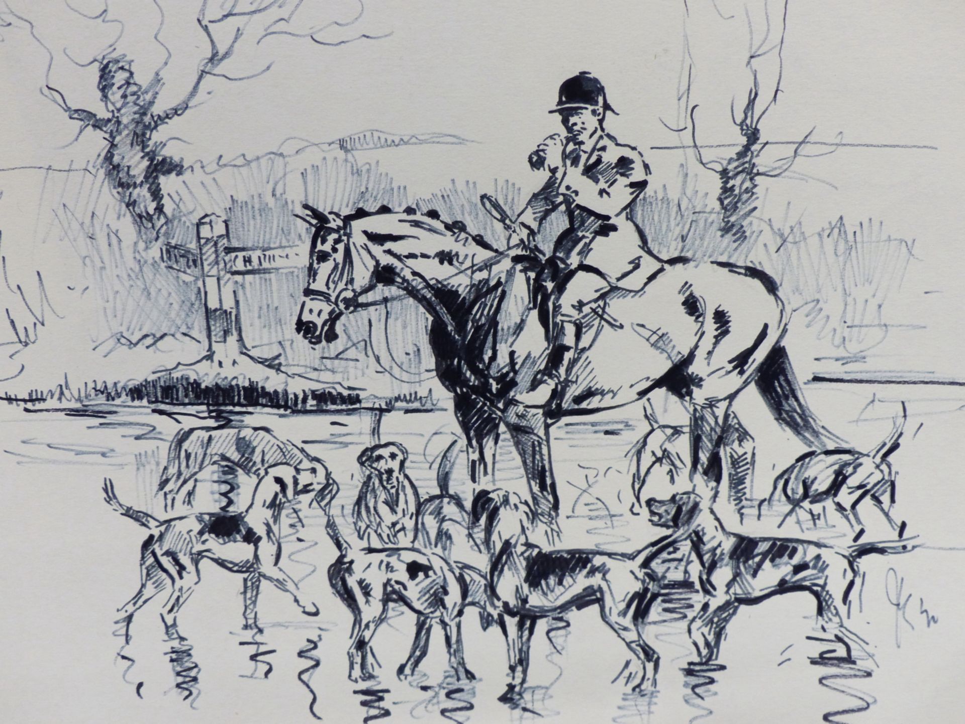 JOHN KING (1929-2014) ARR, HUNTSMAN WITH HOUNDS, PEN AND INK DRAWING WITH SKETCHS VERSO..SIGNED 25 x - Image 4 of 18