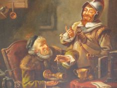 19TH CENTURY EUROPEAN SCHOOL- WEIGHING IN THE PLUNDER. GOLD MERCHANT AND HELMETED SOLDIER IN AN