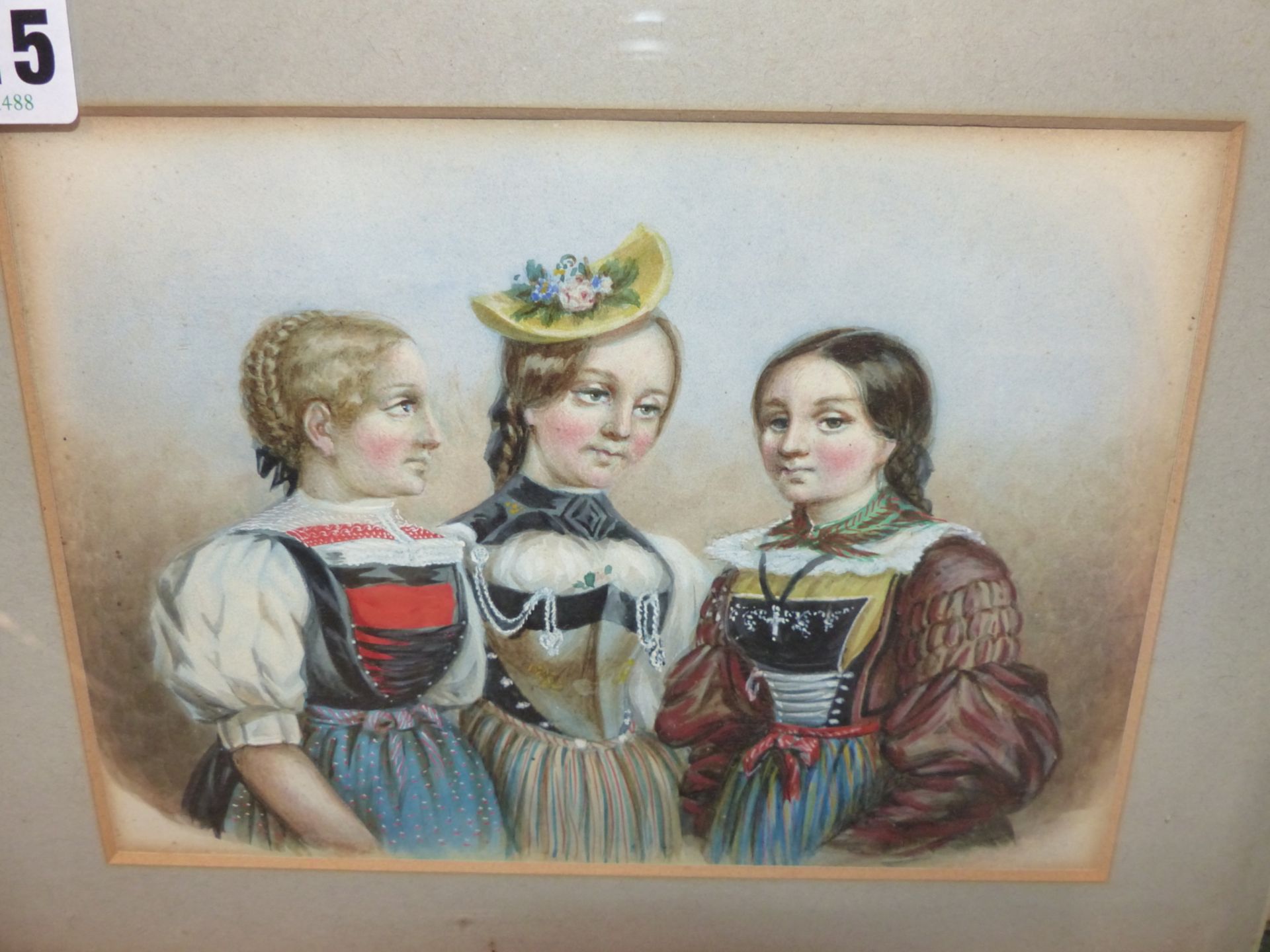 LATE 19TH CENTURY/ EARLY 20TH CENTURY GERMAN SCHOOL.- THREE GIRLS IN TRADITIONAL DRESS- WATERCOLOUR. - Image 2 of 4