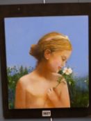 COLIN FROOMS. (1933-2017) ARR. GIRL WITH FLOWER, OIL ON PANEL, SIGNED. 29 x 33cms.