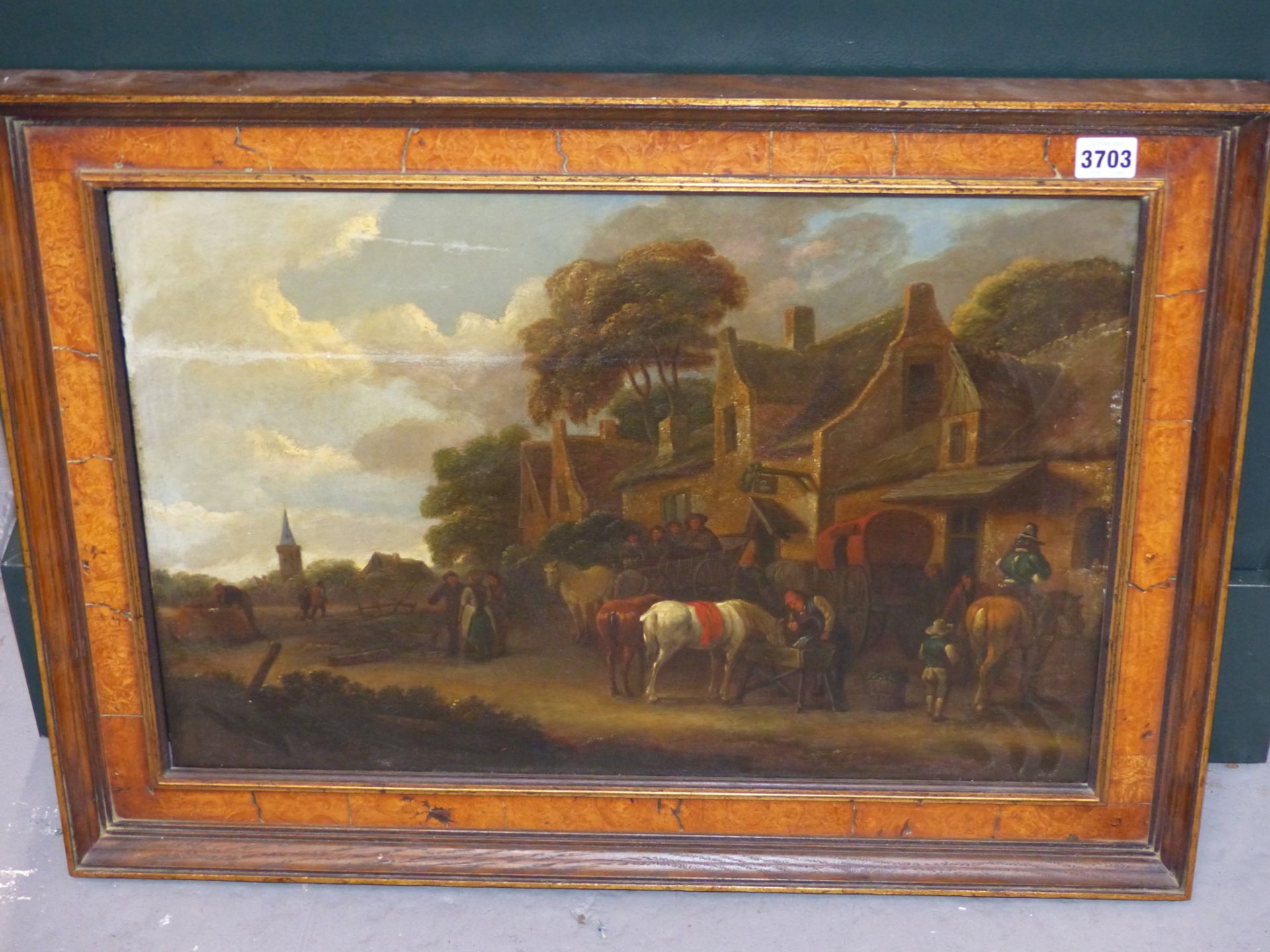 18TH CENTURY DUTCH SCHOOL. FIGURES AND HORSES OUTSIDE A VILLAGE INN WITH CHURCH IN THE DISTANCE. OIL - Image 4 of 8