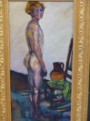 CLAIR WINSTEN (1892-1989) ARR. STANDING NUDE WITH CHAIR AND WATER JUG. OIL ON CANVAS. 24 X 49.5 cm.