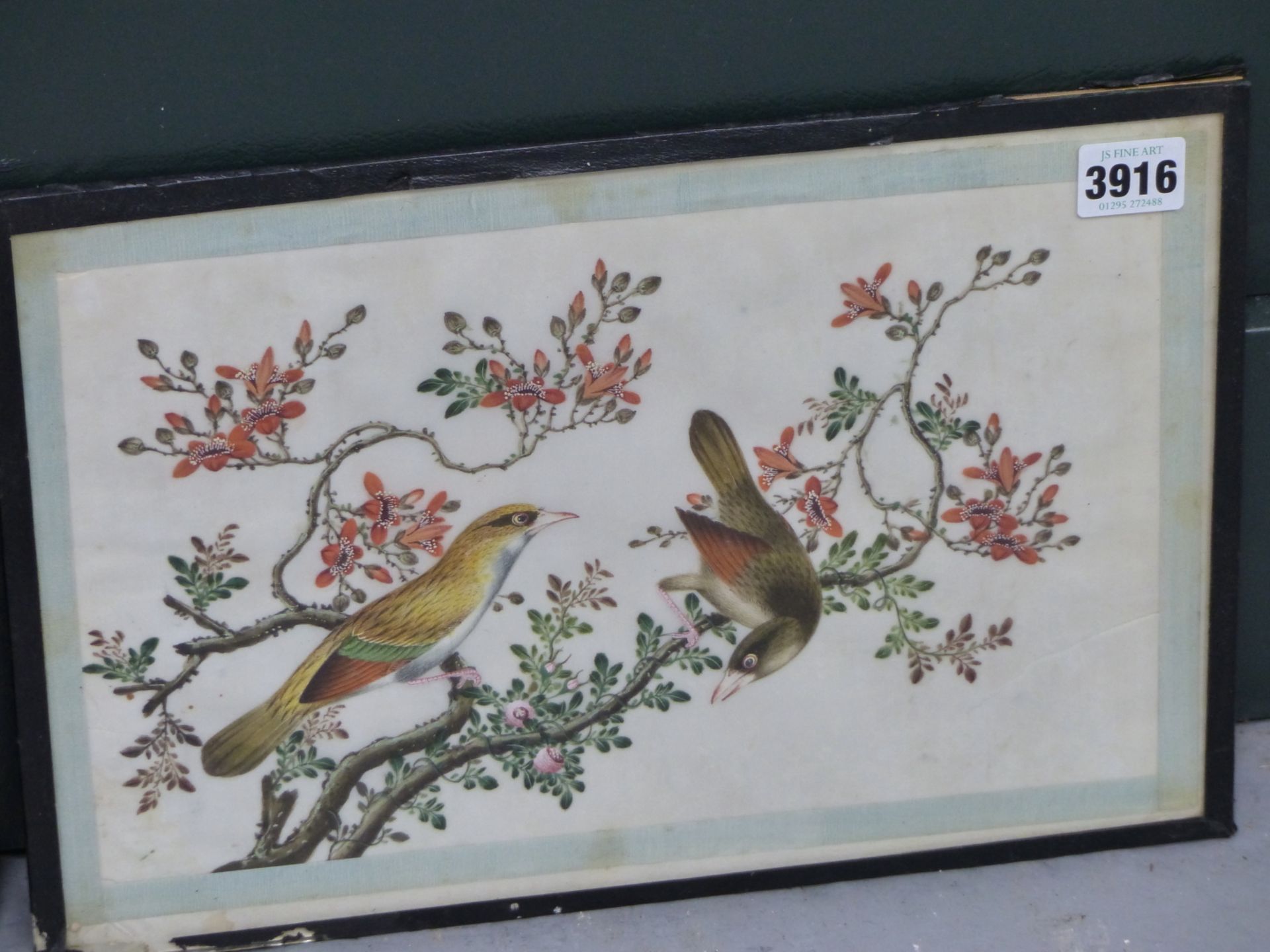 19TH CENTURY CHINESE. EXOTIC BIRDS ON BLOSSOM BRANCHES. WATERCOLOUR ON RICE PAPER. A PAIR. 30 X 19 - Image 3 of 4