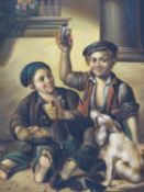 DUTCH SCHOOL, TWO BOYS WITH BREAD, BEER AND THEIR DOG, OIL ON BOARD. 15 X 19 cm