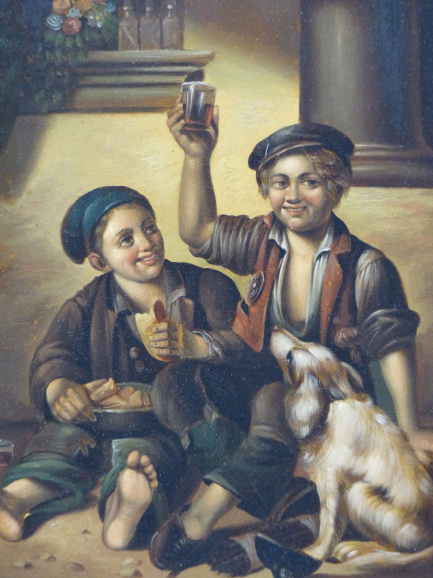 DUTCH SCHOOL, TWO BOYS WITH BREAD, BEER AND THEIR DOG, OIL ON BOARD. 15 X 19 cm