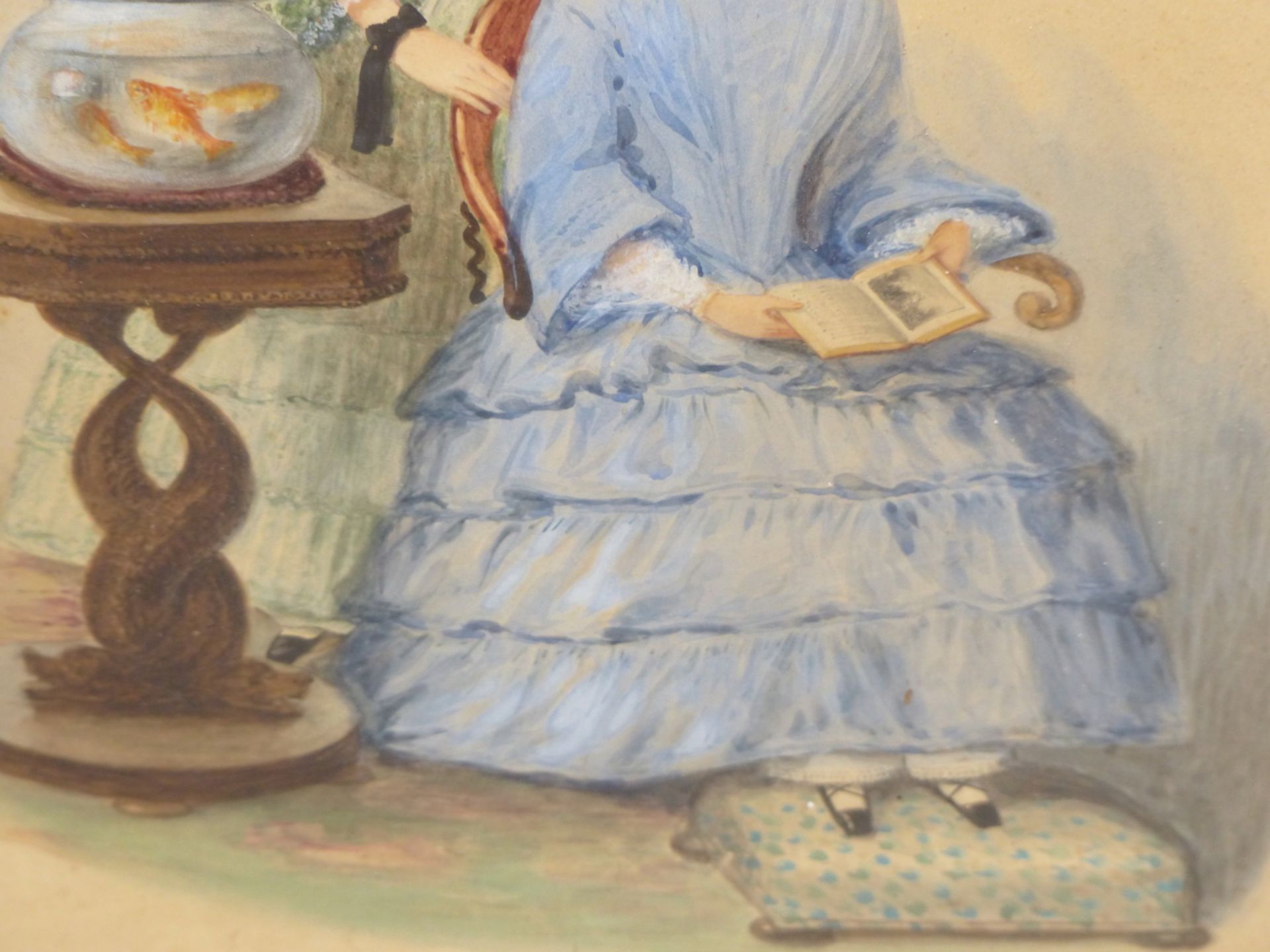 EARLY 19TH CENTURY ENGLISH SCHOOL, PORTRAIT IF TWO LADIES WITH GOLDFISH. WATERCOLOUR. UNSIGNED. - Image 5 of 7