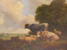 MANNER OF THOMAS SIDNEY COOPER (1803-1902) CATTLE AND SHEEP AT REST ON A HILLSIDE. 19TH CENTURY