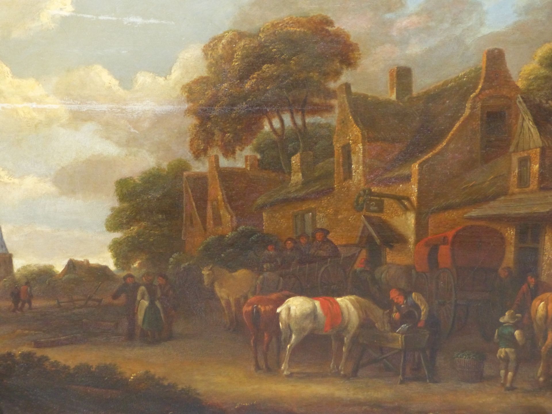 18TH CENTURY DUTCH SCHOOL. FIGURES AND HORSES OUTSIDE A VILLAGE INN WITH CHURCH IN THE DISTANCE. OIL - Image 3 of 8