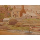 N.M.EDWARDS (EARLY 20TH CENTURY) ESTUARY AT LOW TIDE WITH COTTAGES, WATERCOLOUR 35 X 26 cm