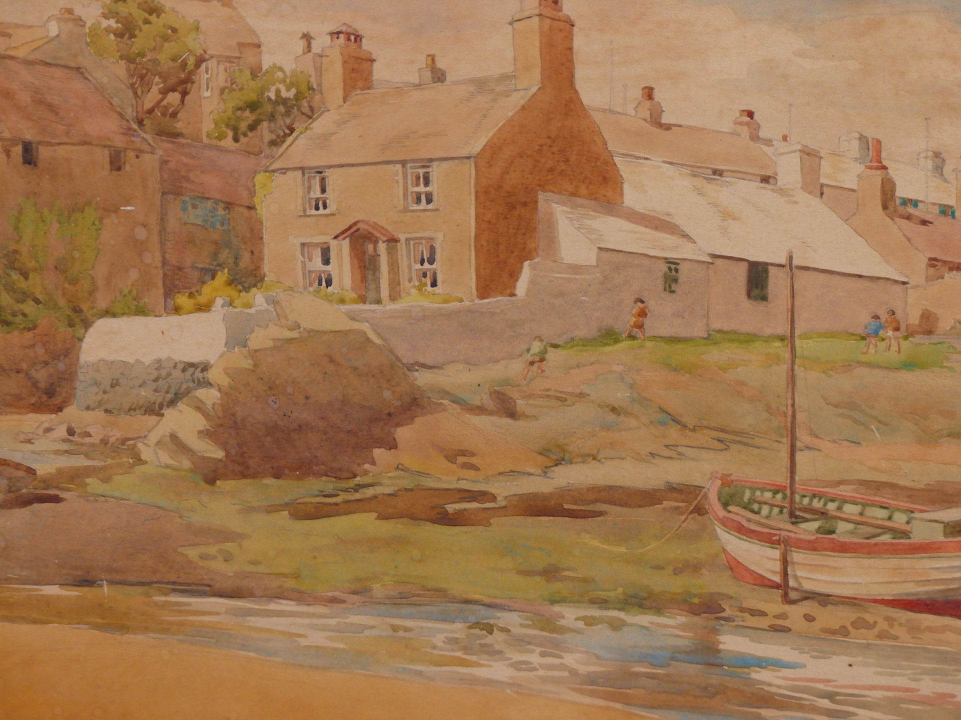 N.M.EDWARDS (EARLY 20TH CENTURY) ESTUARY AT LOW TIDE WITH COTTAGES, WATERCOLOUR 35 X 26 cm