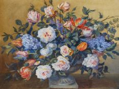 P. K. AGAR ( 20TH CENTURY) STILL LIFE FLOWERS IN AN URN. WATERCOLOUR SIGNED LOWER RIGHT . 45 X 37