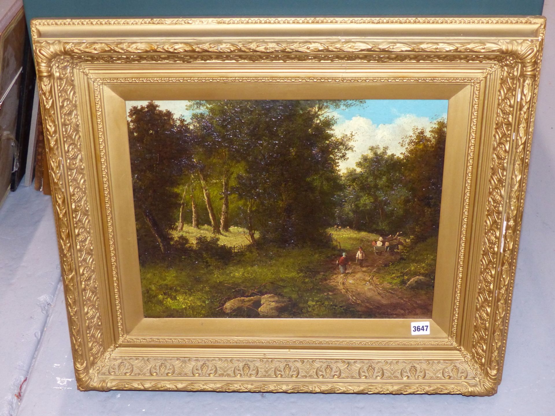19TH CENTURY ENGLISH SCHOOL, FIGURES ON A WOODLAND TRACK, OIL ON CANVAS. 49 X 39 cm. - Image 5 of 5
