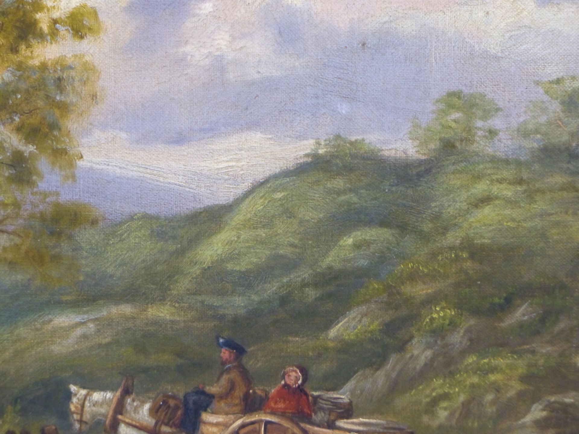 19TH CENTURY, ENGLISH SCHOOL. HORSE AND CART WITHIN RUGGED LANDSCAPE, OIL ON CANVAS.39 X 35 cm. - Image 4 of 7