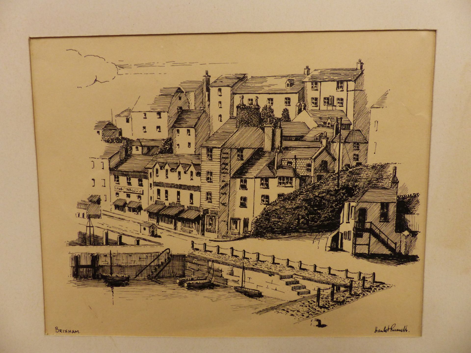HERBERT RUSSELL. (20TH C.) ST MARYS BAY BRIXHAM. PEN AND INK DRAWING 22 X 18 cm AND ANOTHER WORK - Image 6 of 10