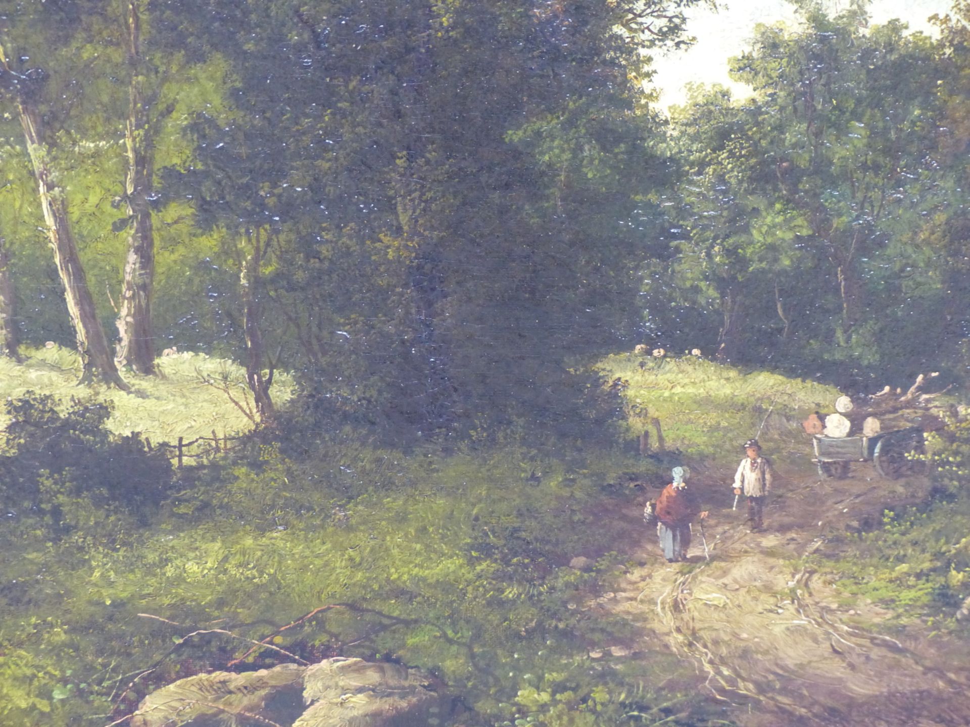 19TH CENTURY ENGLISH SCHOOL, FIGURES ON A WOODLAND TRACK, OIL ON CANVAS. 49 X 39 cm.