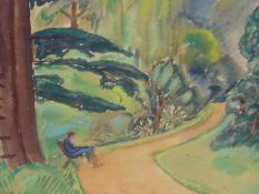 C. DELA PATELLIERE. (EARLY 20TH CENTURY) A WOODED PARKLAND PATH WITH SEATED FIGURE, WATERCOLOUR.