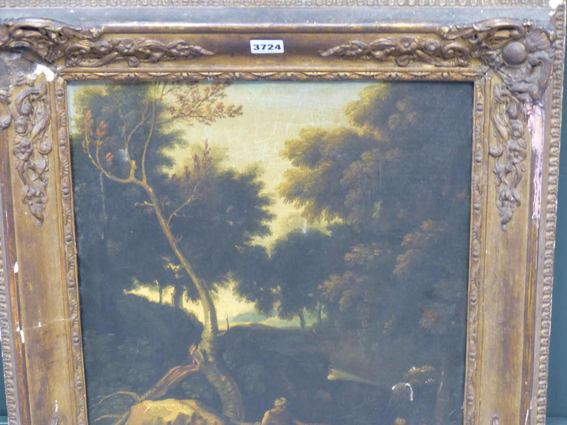 17TH /18TH CENTURY OLD MASTER SCHOOL. TWO FIGURES BY A WOODLAND STREAM. OIL ON CANVAS. THE GILT - Image 8 of 10