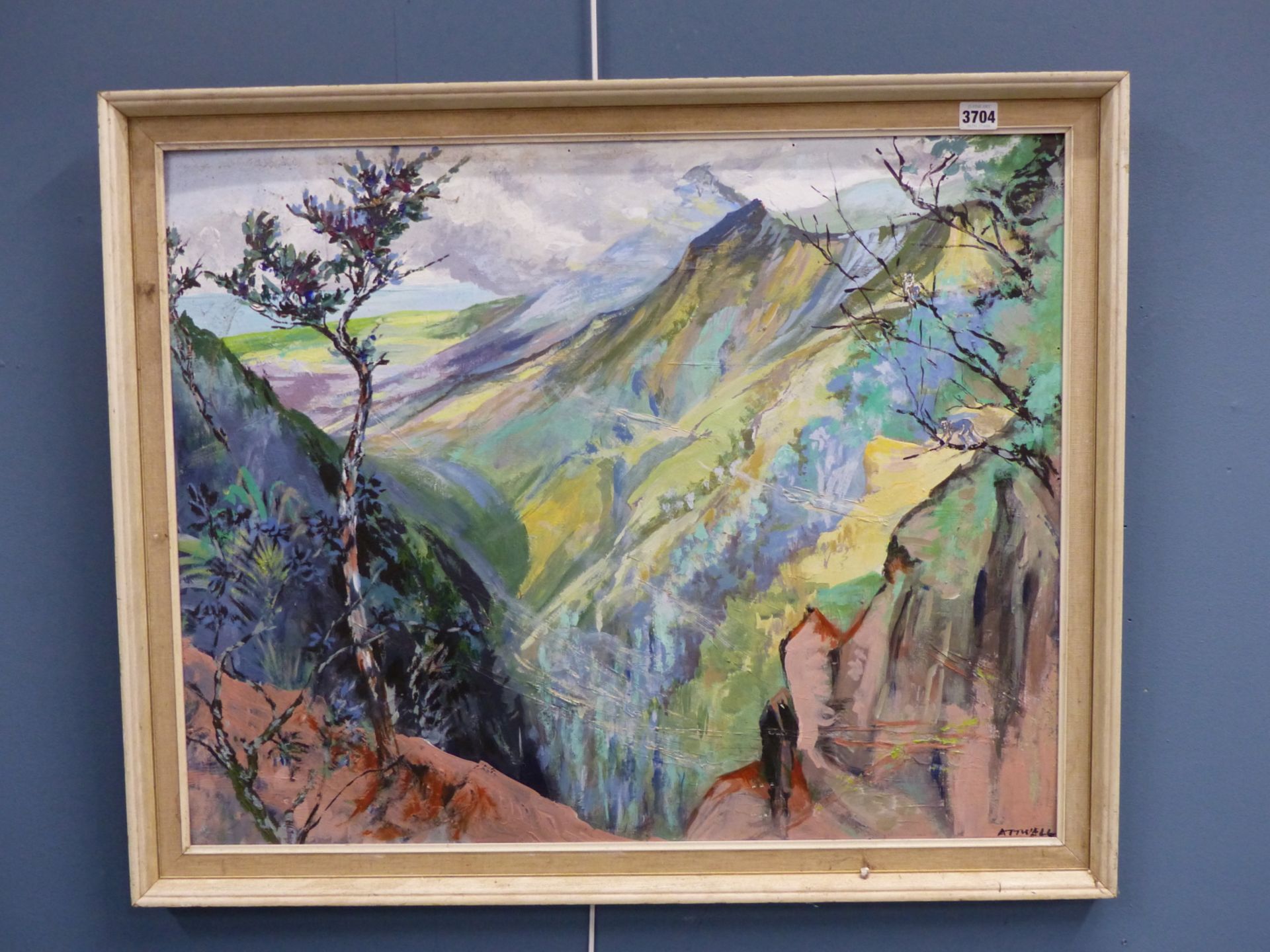 IVY T. ATTWELL (1895-1985) A MOUNTIANOUS VALLEY. OIL ON BOARD. SIGNED L/R. 74 X 59 cm. - Image 2 of 3