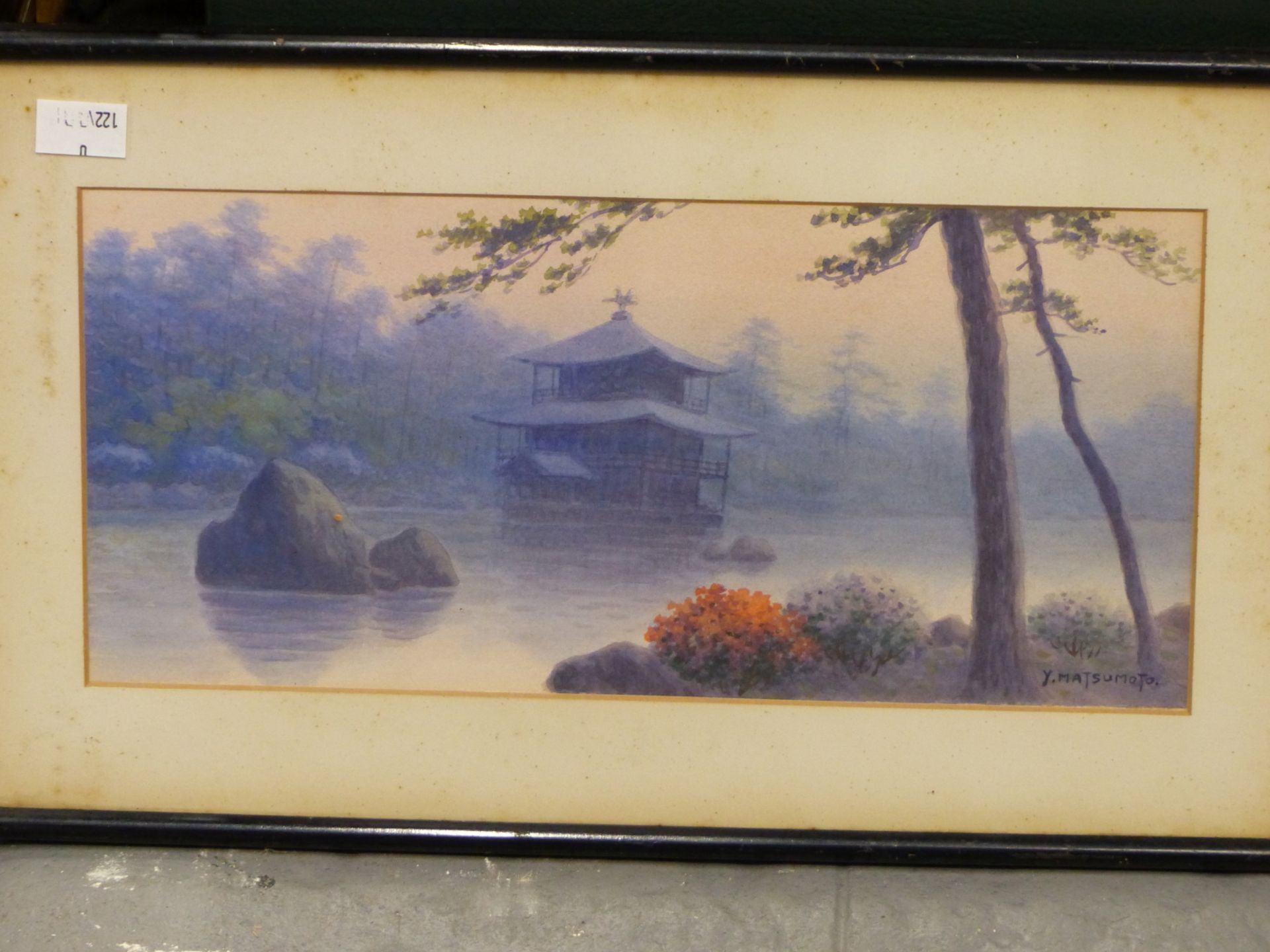 Y. MATSUMOTO. (JAPANESE 20TH CENTURY), LAKESIDE TEMPLES- A PAIR OF WATERCOLOURS, SIGNED. 32 X 15 cm - Image 2 of 7