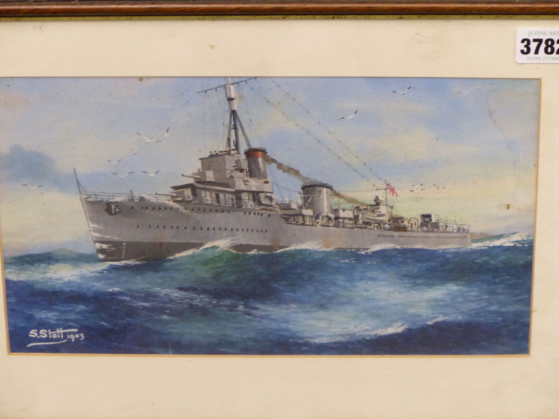 S. STOTT.(PROBABLY WILLIAM R.S.STOTT) HMS CAMPBELL, WATERCOLOUR, SIGNED LOWER LEFT AND DATED 1943, - Image 2 of 4