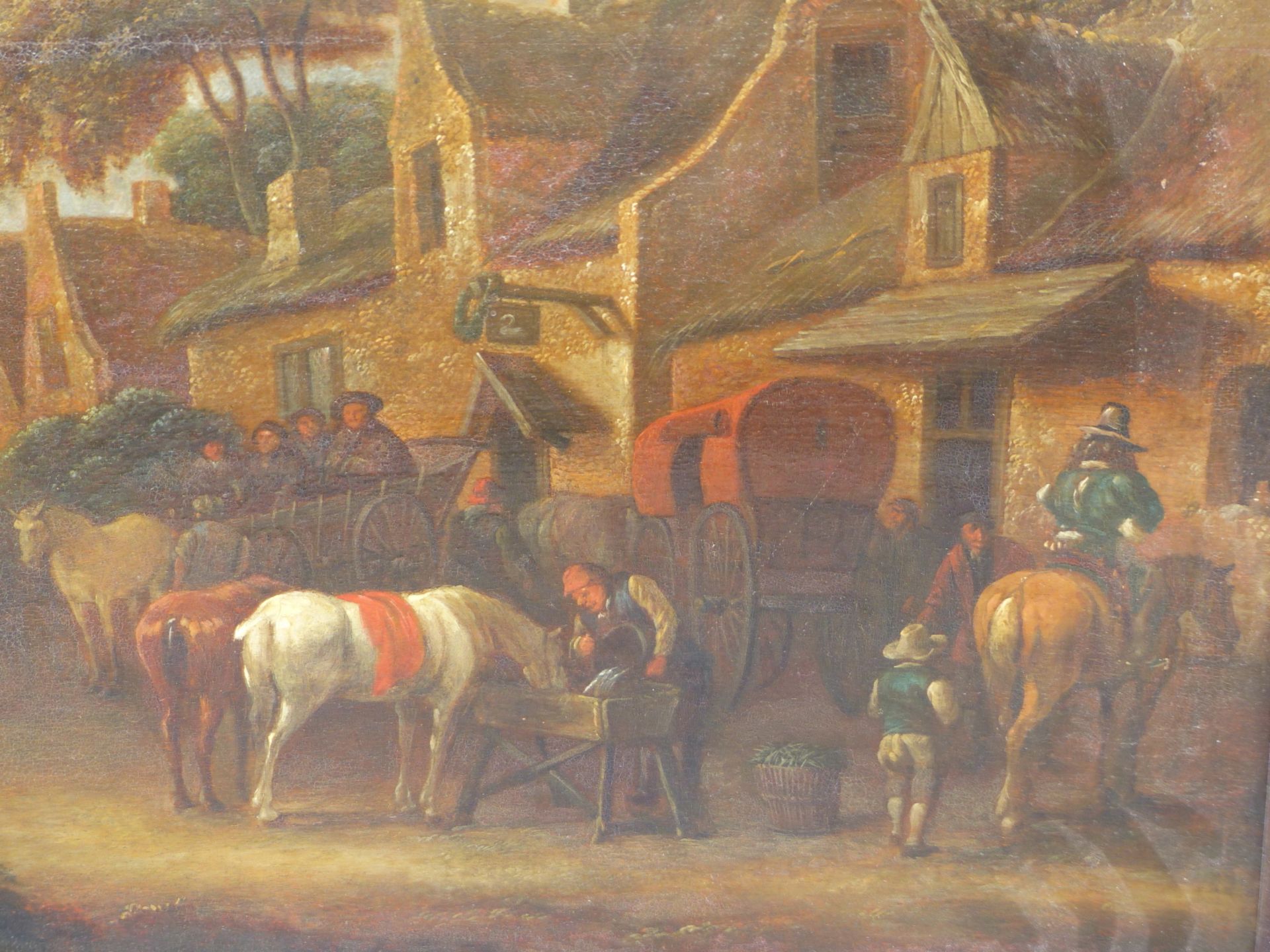 18TH CENTURY DUTCH SCHOOL. FIGURES AND HORSES OUTSIDE A VILLAGE INN WITH CHURCH IN THE DISTANCE. OIL - Image 5 of 8