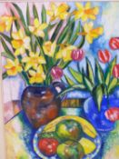 MARY TEMPEST (20TH CENTURY) DAFFODILS AND TULIPS. WATERCOLOUR AND GOUACHE ON PAPER. SIGNED AND DATED