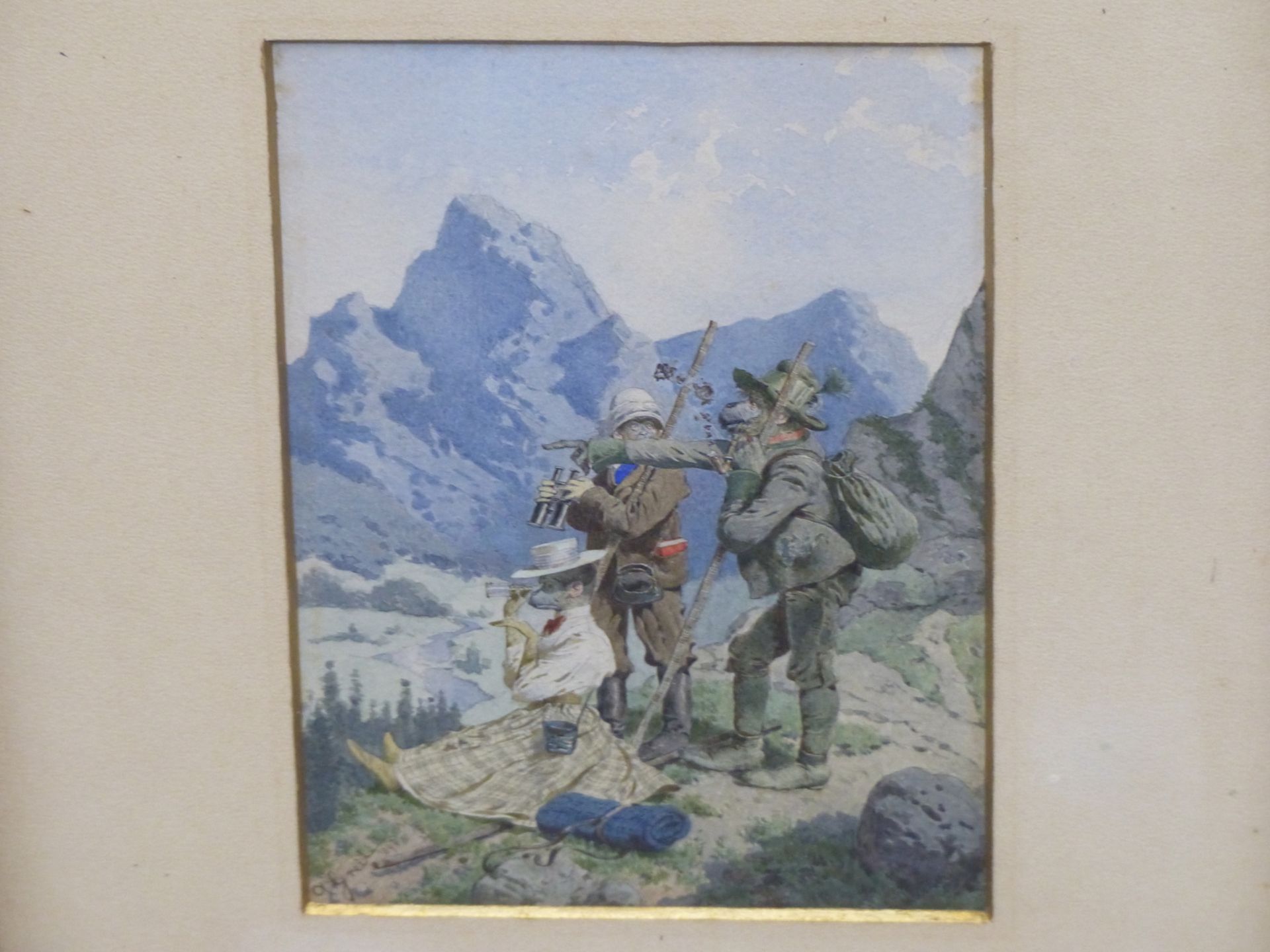 ALOIS GREIL (1842-1902), THREE ANTHROPOMORPHIC CLIMBERS IN THE AUSTRIAN ALPS. WATERCOLOUR, SIGNED - Image 6 of 8