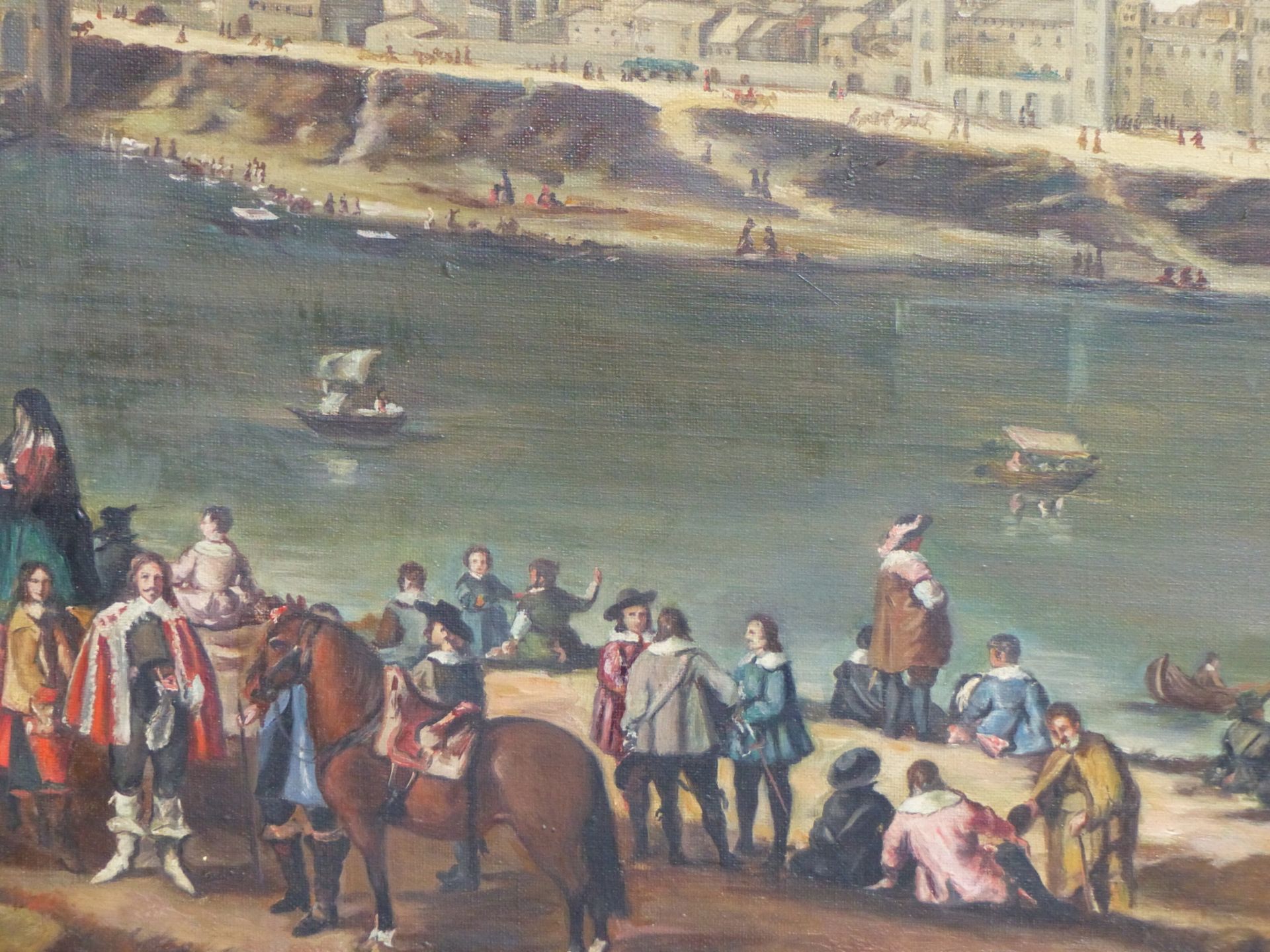 ITALIAN SCHOOL ( EARLY 20TH CENTURY ) FIGURES ON RIVER BANK BEFORE A CITIDEL. OIL ON CANVAS. 99 X 54 - Image 7 of 21