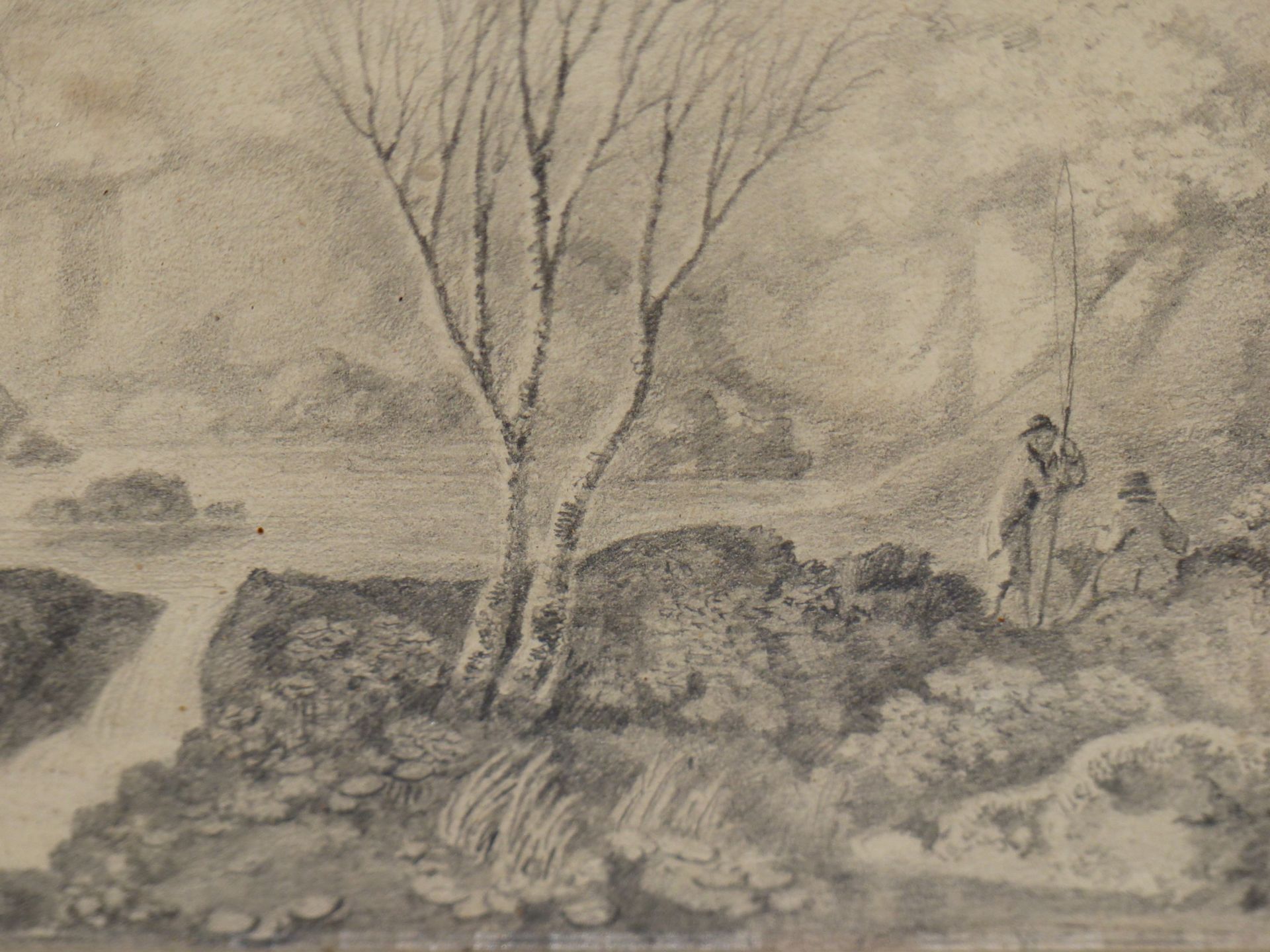 EARLY 19TH CENTURY ENGLISH SCHOOL. FISHERMEN BY RIVER WITH WATERFALL. PENCIL ON PAPER. 25 X 12.5 cm - Image 2 of 5