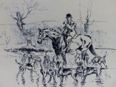 JOHN KING (1929-2014) ARR, HUNTSMAN WITH HOUNDS, PEN AND INK DRAWING WITH SKETCHS VERSO..SIGNED 25 x