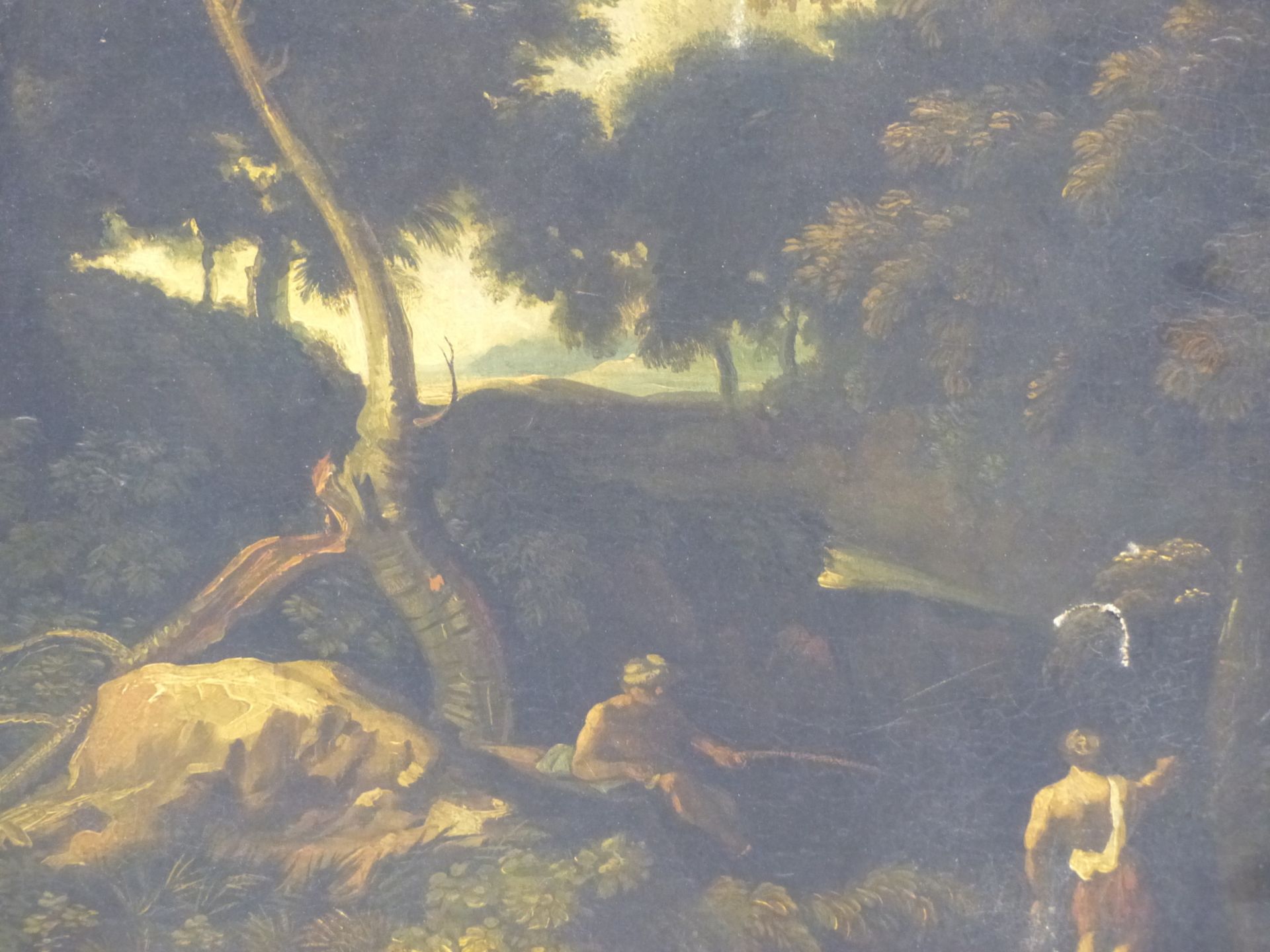 17TH /18TH CENTURY OLD MASTER SCHOOL. TWO FIGURES BY A WOODLAND STREAM. OIL ON CANVAS. THE GILT - Image 5 of 10