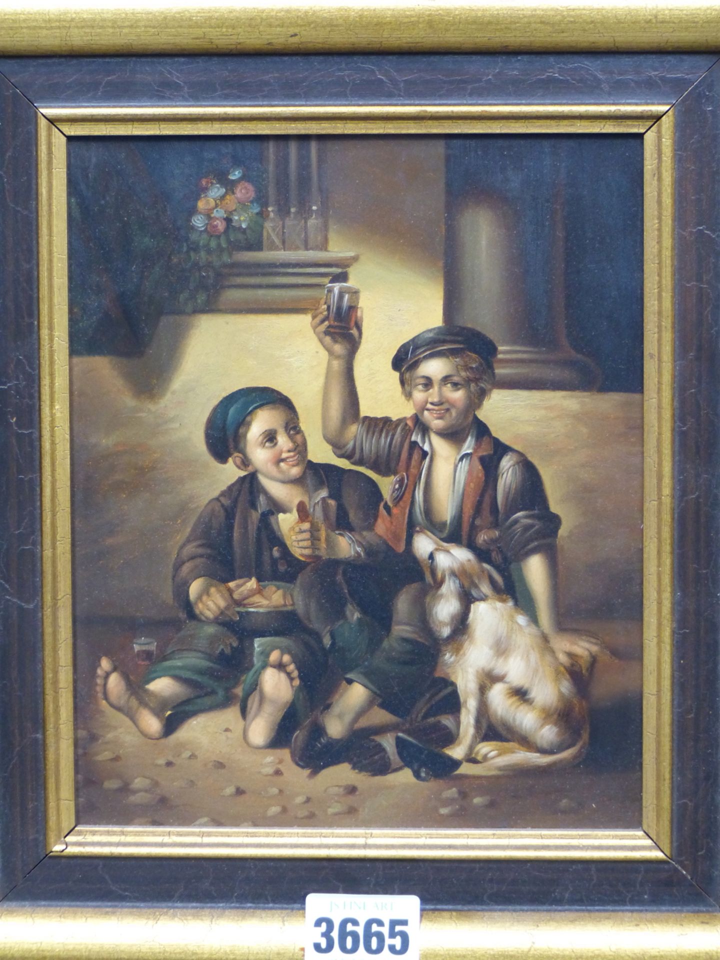 DUTCH SCHOOL, TWO BOYS WITH BREAD, BEER AND THEIR DOG, OIL ON BOARD. 15 X 19 cm - Image 2 of 4