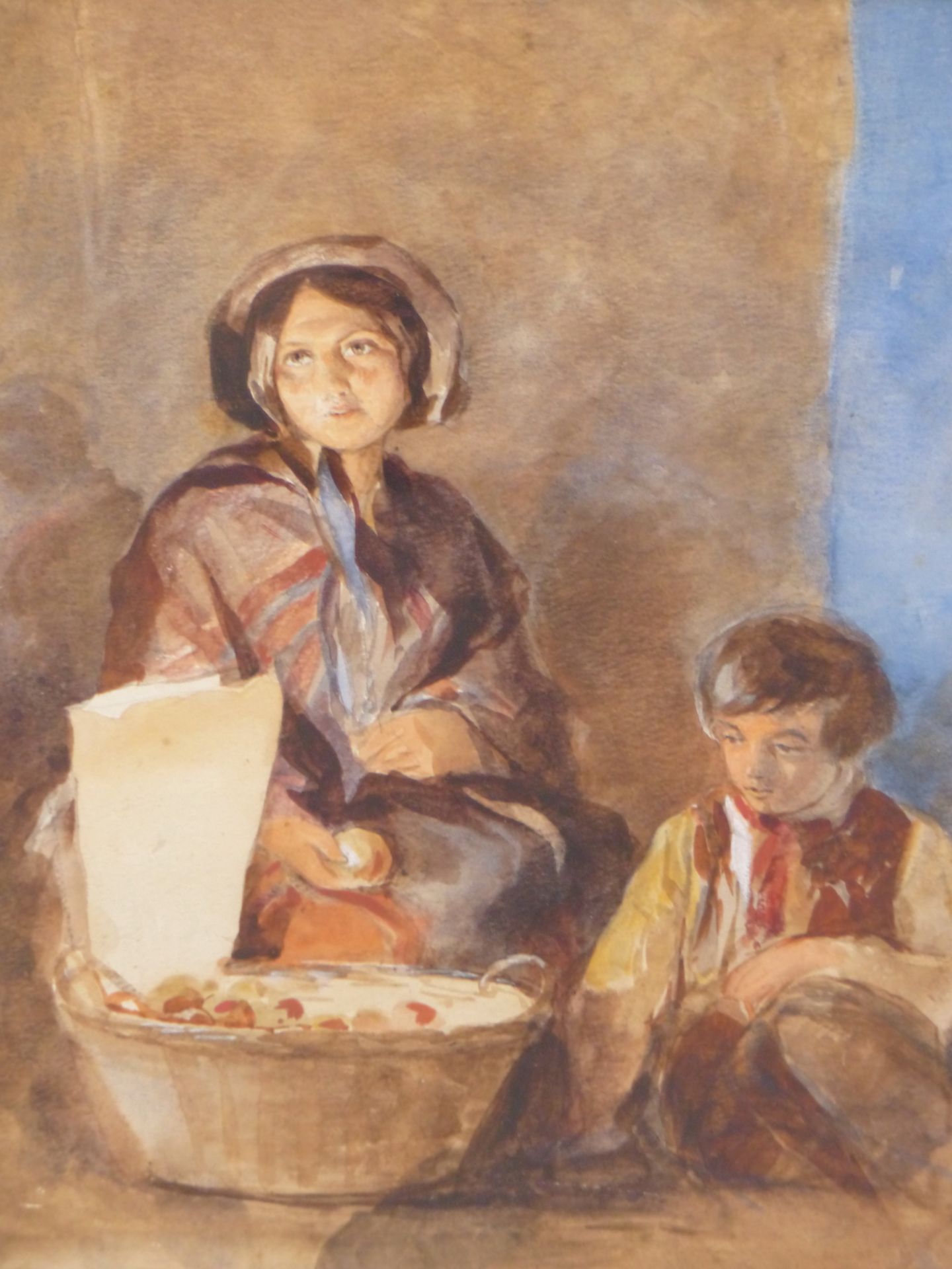 19TH CENTURY ENGLISH SCHOOL, THE APPLE SELLER, WATERCOLOUR. 35 X 40 cm