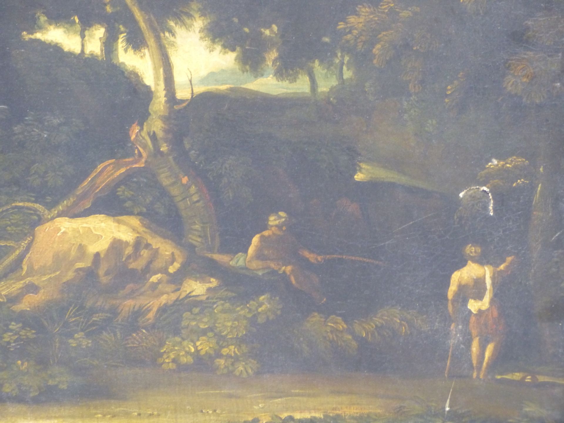 17TH /18TH CENTURY OLD MASTER SCHOOL. TWO FIGURES BY A WOODLAND STREAM. OIL ON CANVAS. THE GILT - Image 3 of 10