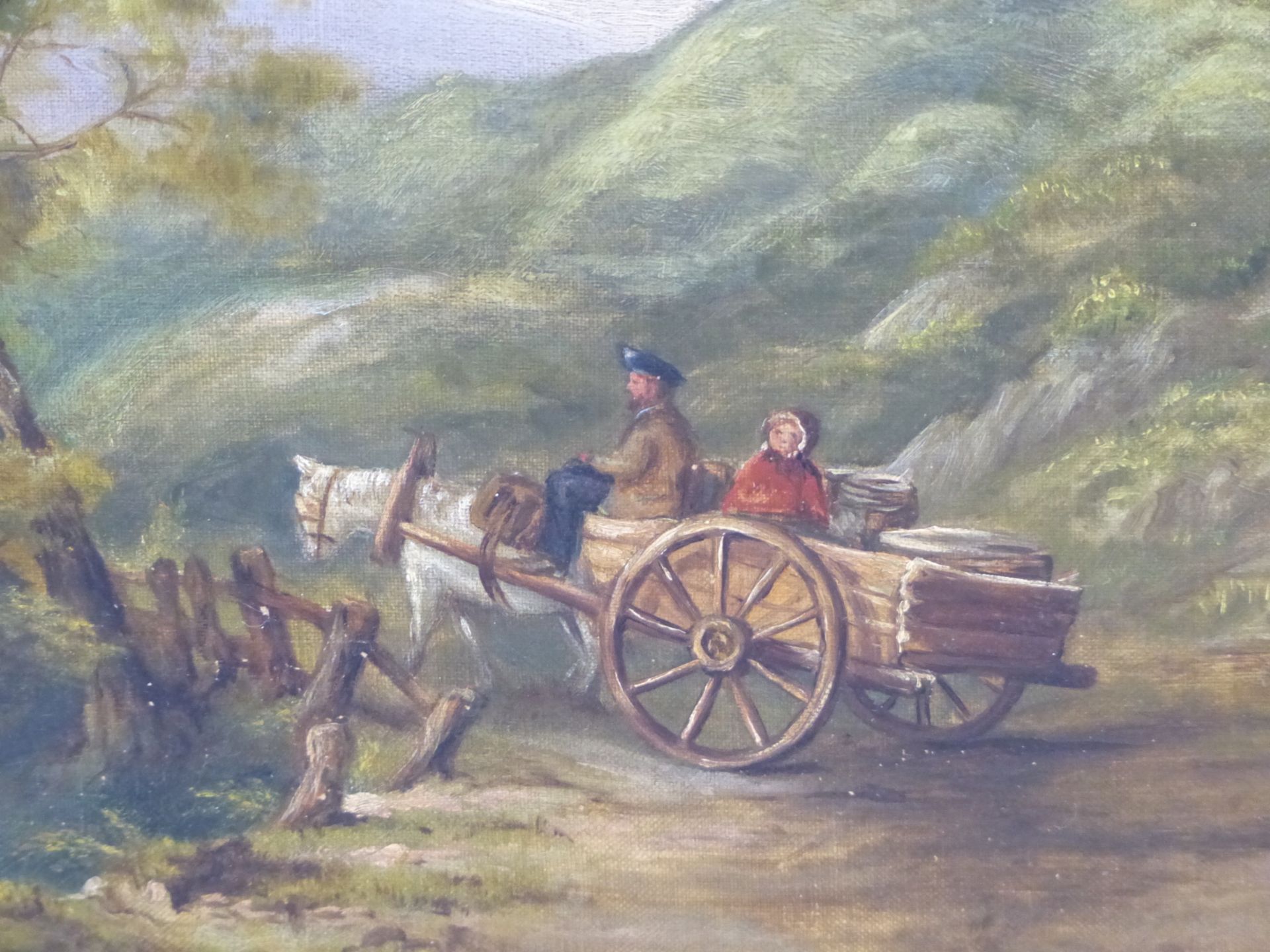 19TH CENTURY, ENGLISH SCHOOL. HORSE AND CART WITHIN RUGGED LANDSCAPE, OIL ON CANVAS.39 X 35 cm. - Image 3 of 7