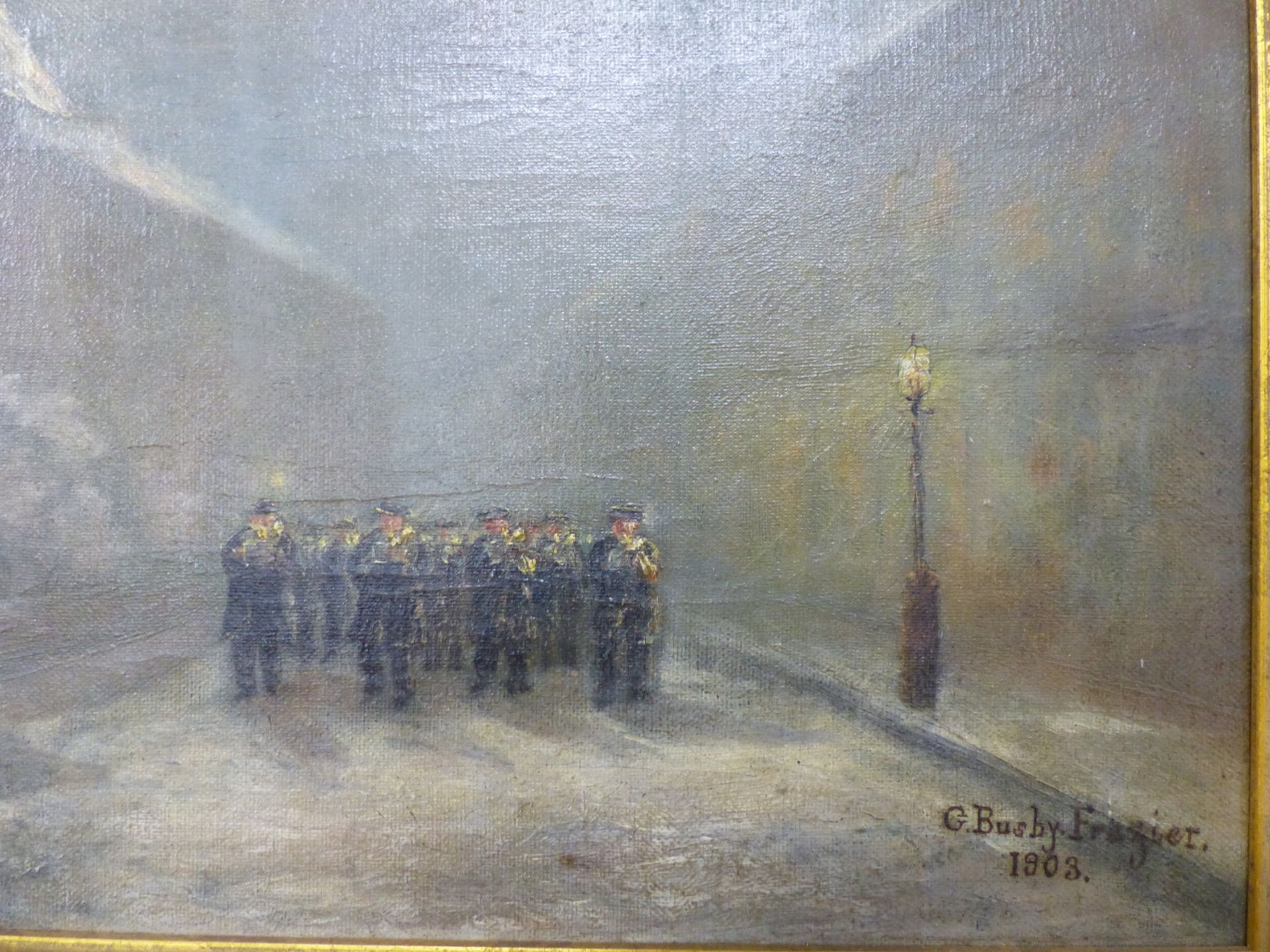 G. BUSBY FRAZIER (19th/20th.C. ENGLISH SCHOOL) MARCHING BAND ON A MOONLIT STREET OIL ON CANVAS. - Image 2 of 5